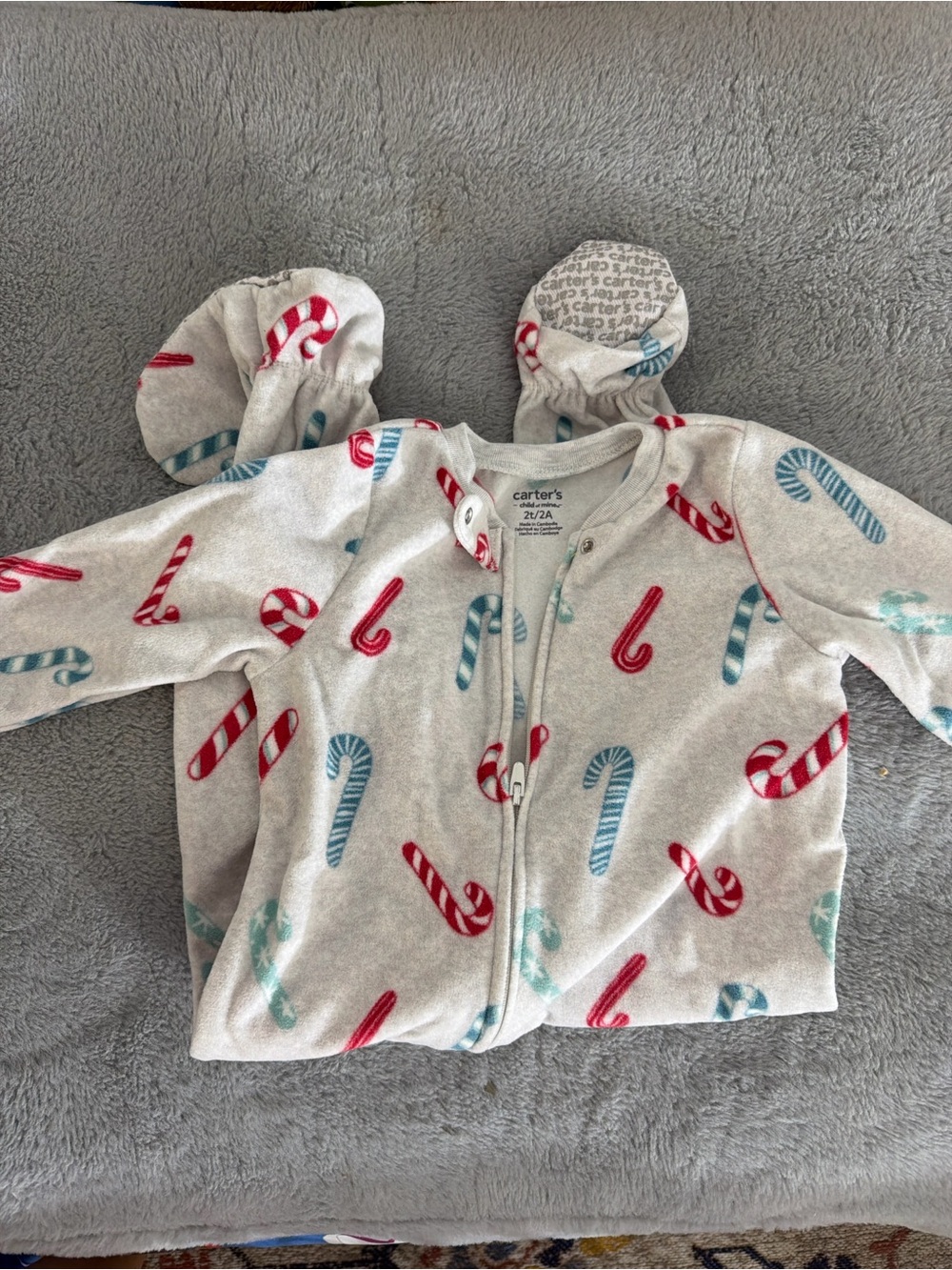 Carter's Gray Zip-Up Pajama Set with Red and Blue Candy Canes